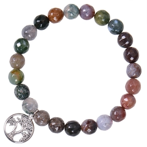 Macro shot of colorful faceted agate beads and a silver Tree of Life charm on a bracelet