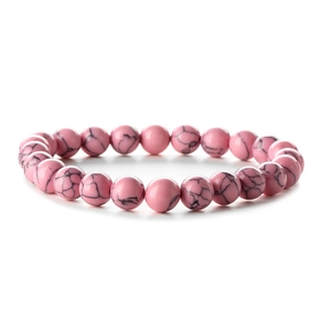 Rosa Türkis Armband mit natürlichen schwarzen Adern und 8mm runden Perlen auf weißem Grund