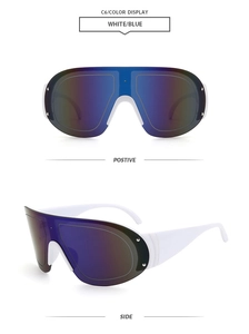 Detail view of white streamlined sports sunglasses with blue-purple gradient lenses
