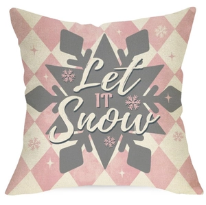 Pink and white snowflake Christmas pillow cover with Let It Snow text on white background