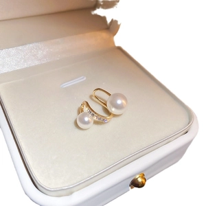 Elegant gold multi-layer pearl butterfly ear cuff with zircon accents in a gift box