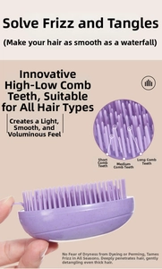 Detail of ergonomic purple detangling hairbrush with three-tier bristles of varying lengths