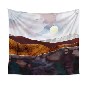 Detail of modern abstract mountain tapestry with burgundy and gold textured patterns