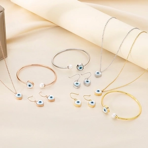 Stainless Steel Evil Eye Necklace Bangle Earrings Heart Hamsa Hand Shell Inlay Artificial Pearl Jewelry For Women