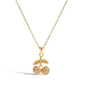 Golden cherry pendant necklace with pink zircon stones on a stainless steel chain