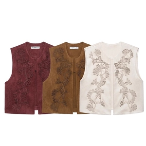 Gilet Vintage Donna Ricamo Floreale Camoscio Sintetico Senza Maniche Stile Boho Retro