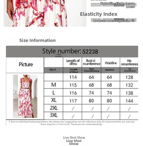 Detailed size chart for floral maxi dress showing length, bust, waist, and hip measurements