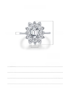 Detailed size specifications for the S925 sterling silver halo ring with emerald cut stone