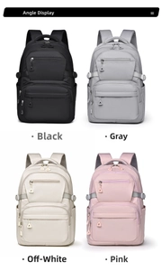 Detail view showing black, grey, off-white, and pink waterproof nylon backpacks