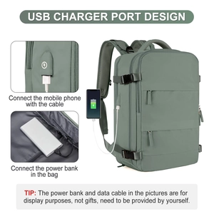 Detail of the green nylon backpack showing USB charging port and internal connection