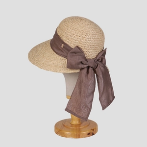 Chapeau de soleil élégant en raphia pour femme avec large bord et grand nœud brun