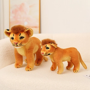 Realistic lion plush toy set with golden fur and soft mane on a cozy beige sofa