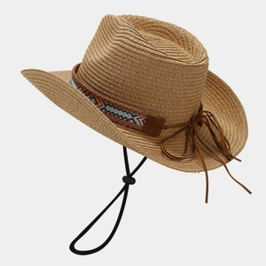 Bohemian woven straw sun hat with ethnic band and windproof cord for beach summer vacations