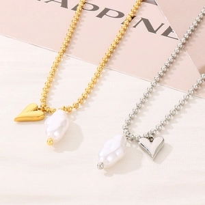 Gold and silver bead necklaces with baroque pearl and 3D metal heart pendants