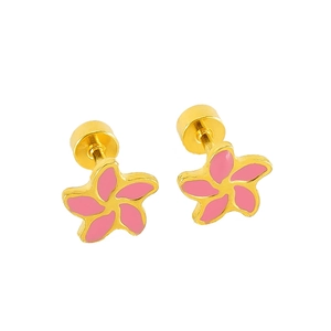 Minimalist 18k gold plated stainless steel flower stud earrings with pink enamel center