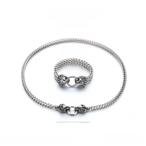 Detailed view of stainless steel lion head bracelet and necklace set with dimensions