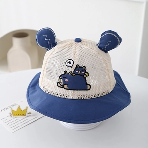 Detail of baby mesh sun hat featuring cute bear embroidery and 3D ear decorations