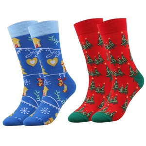 Christmas cotton crew socks set in blue and red featuring joy embroidery and holiday motifs