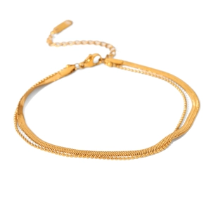 Double-layered gold stainless steel anklet with snake chain and round bead chain detail