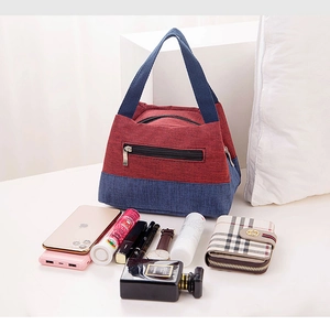 Detailed view of spacious red and blue lunch bag shown with everyday essentials for capacity