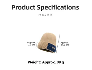 Winter knitted beanie detailed parameters showing 21.5cm height and color-block knit fabric