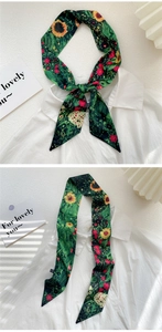 Detail of oil painting floral silk scarf tied on white shirt collar and vertical view