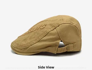 Détail latéral d'un béret en coton kaki avec matelassage en losange et broderie