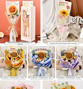 Detailed grid of handmade crochet sunflowers and soap rose bouquets in gift packaging