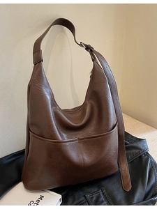 Vintage brown PU leather hobo bag with wide shoulder strap and spacious tote design