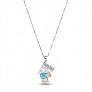 Schicke geometrische Halskette mit blauem und rosa Kristall und Gravur sweet as can be