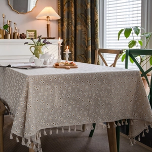 Linen cotton tablecloth with white daisy floral prints and elegant tassel edges
