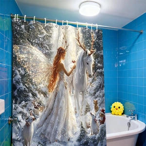 Detail view of fantasy Christmas shower curtain with forest animals and metal hooks