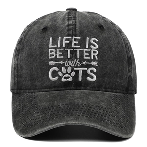 Washed Cotton Baseball Cap Vintage Distressed Dad Hat With Cat Embroidery Life Is Better With Cats For Men Women