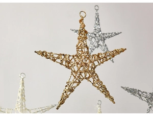 Detail of glittered iron star ornaments showing shimmering texture and hanging loops