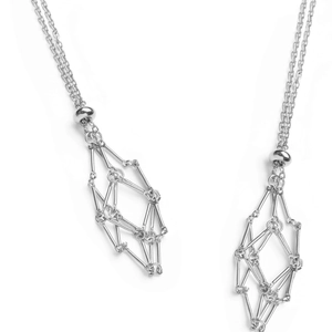 Silver woven hollow geometric cage necklace with adjustable bamboo style chain