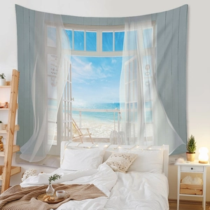 Detail showing high-quality 3D ocean window view tapestry with realistic soft fabric texture