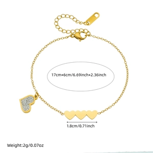Gold-plated stainless steel heart bracelet with three links and diamond pendant detail