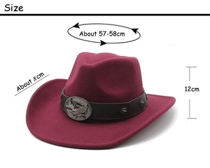 Size specifications of the burgundy wool felt cowboy hat with eagle buckle detail