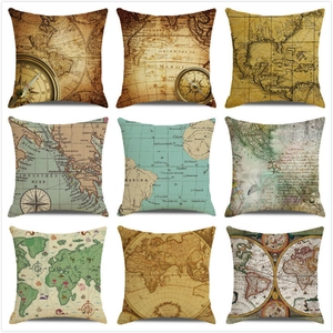 Detailed grid of vintage world map cushion covers featuring classic cartography designs