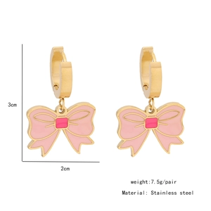 Detailed view of pink bow flower earrings in stainless steel with measurement markings