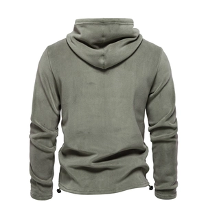 Rear view of men's olive green polar fleece hoodie with adjustable drawstring hem detail