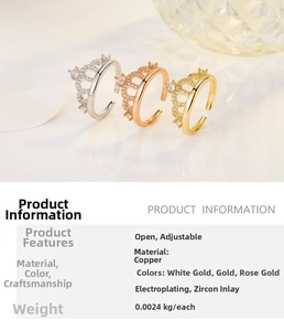 Detailed view of adjustable crown rings with hand-set cubic zirconia in three colors