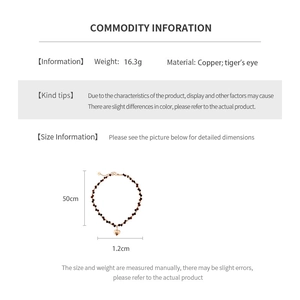 Detailed size chart for the 18k gold plated tiger eye heart pendant necklace with measurements