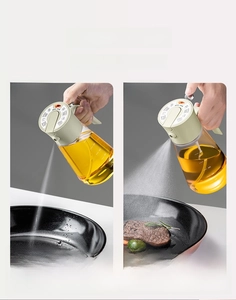 Dual-mode glass oil sprayer showing stream and mist patterns for air fryer and kitchen