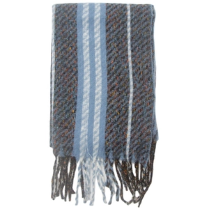 Close-up of navy blue winter scarf featuring fringe tassels and light blue striped pattern