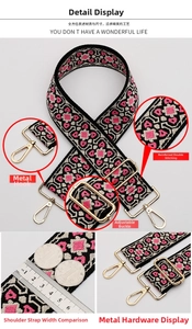 Close-up of geometric ethnic bag strap with light gold hardware and reinforced stitching