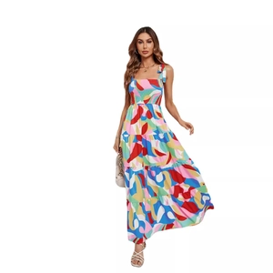 Sexy colorful printed maxi dress with spaghetti straps and tiered ruffles for summer