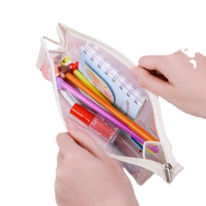 Minimalist transparent large capacity stationery bag with cream white trim and metal zipper