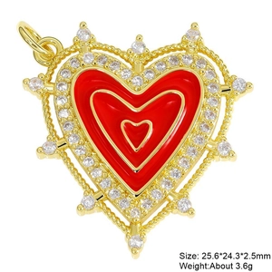 Macro shot of red enamel heart charm with zircon inlay and dimensions in millimeters