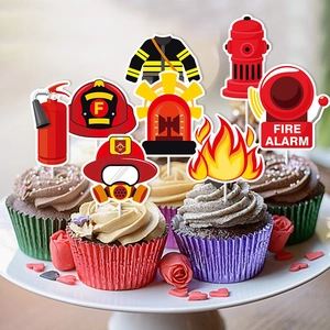 Firefighter theme cake topper set with fire engine and alarm icons for birthday parties
